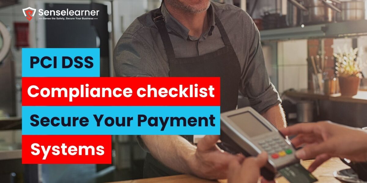 A happy storefront taking a credit card payment with the text overlay "PCI DSS Compliance Checklist – Secure Your Payment Systems