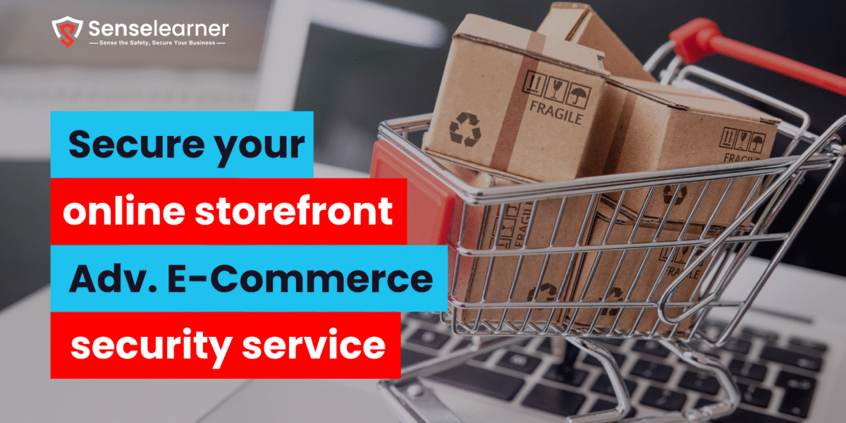 Online shopping and e-commerce are symbolized by a shopping cart full of cardboard boxes set on a laptop keyboard. The words "Secure your online storefront – Adv. E-Commerce security service" are superimposed.