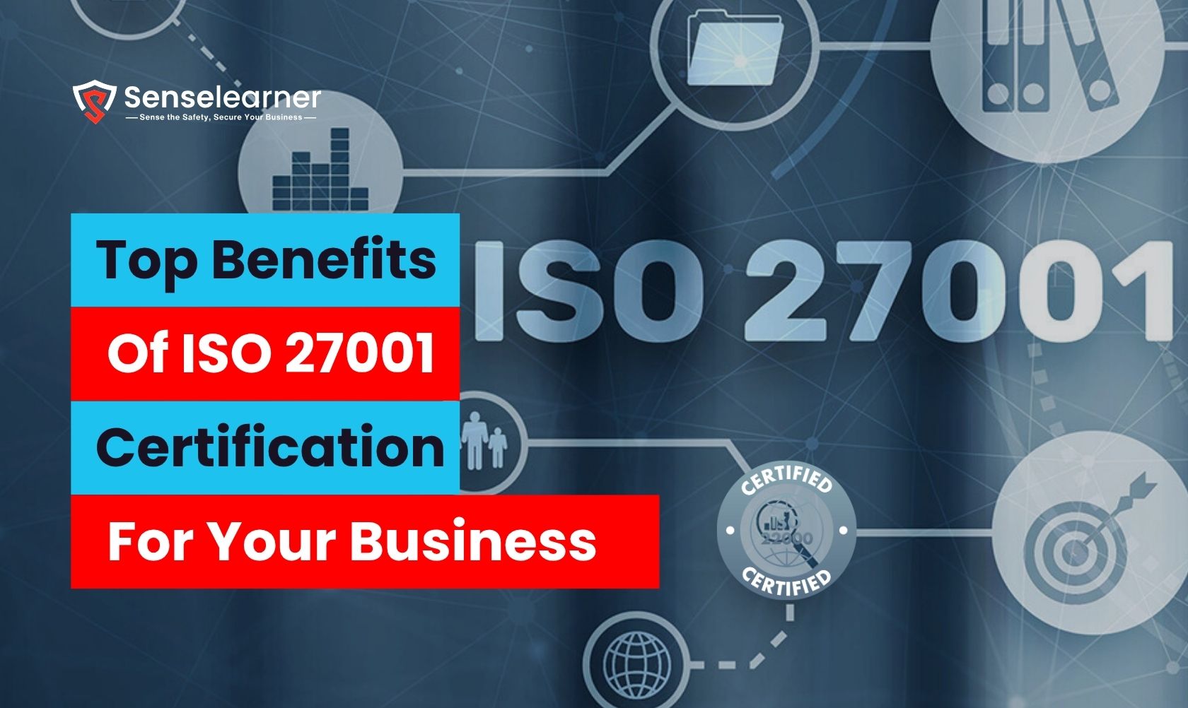 "Graphic showing 'Top Benefits of ISO 27001 Certification for Your Business' with Senselearner logo and cybersecurity icons."