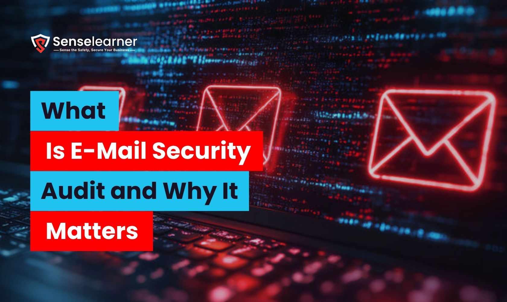 Digital illustration depicting email security with luminous red envelope symbols on a laptop keyboard, signifying the significance of email security audits.