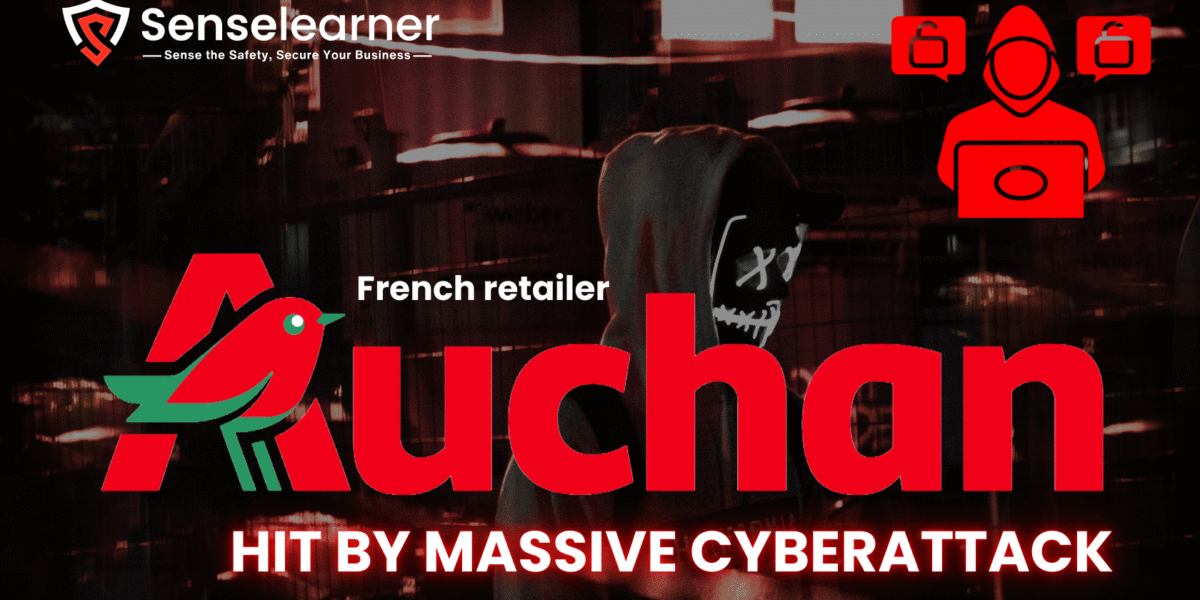 "Cybersecurity alert graphic showing French retailer Auchan logo with hacker silhouette, highlighting a massive cyberattack."