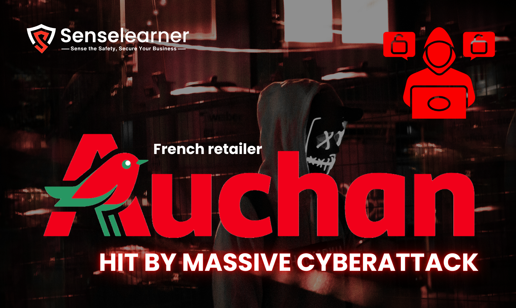 "Cybersecurity alert graphic showing French retailer Auchan logo with hacker silhouette, highlighting a massive cyberattack."
