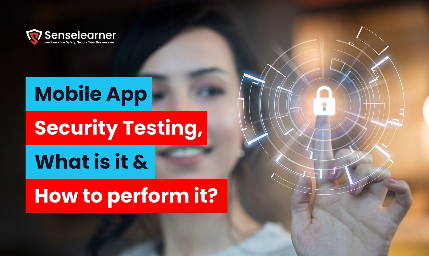 A woman using a digital lock icon to represent security testing for mobile apps.