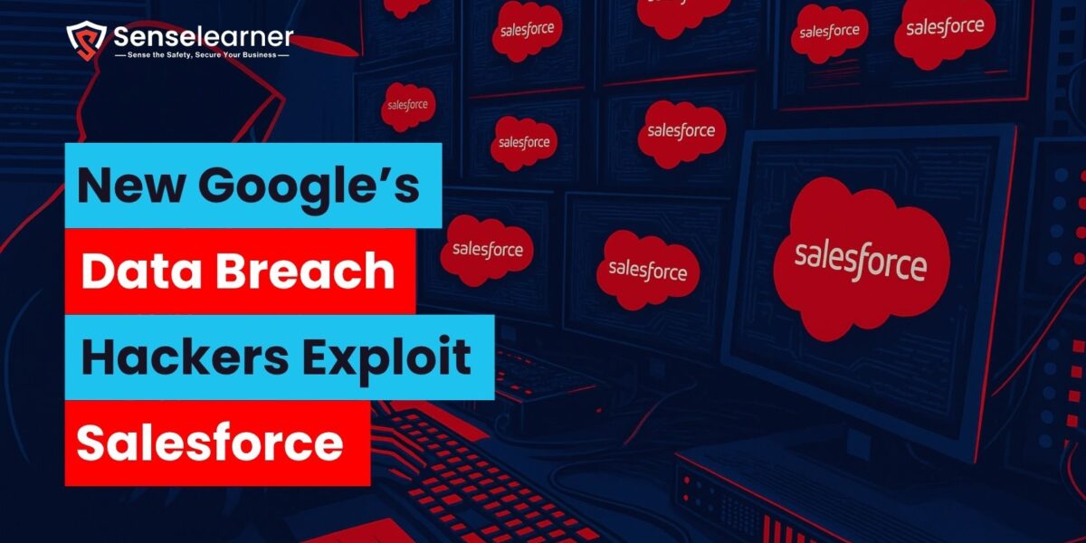 Illustration of a hacker at a computer with several screens displaying the Salesforce logo, bringing attention to a data breach that involved exploitation of both Google and Salesforce.