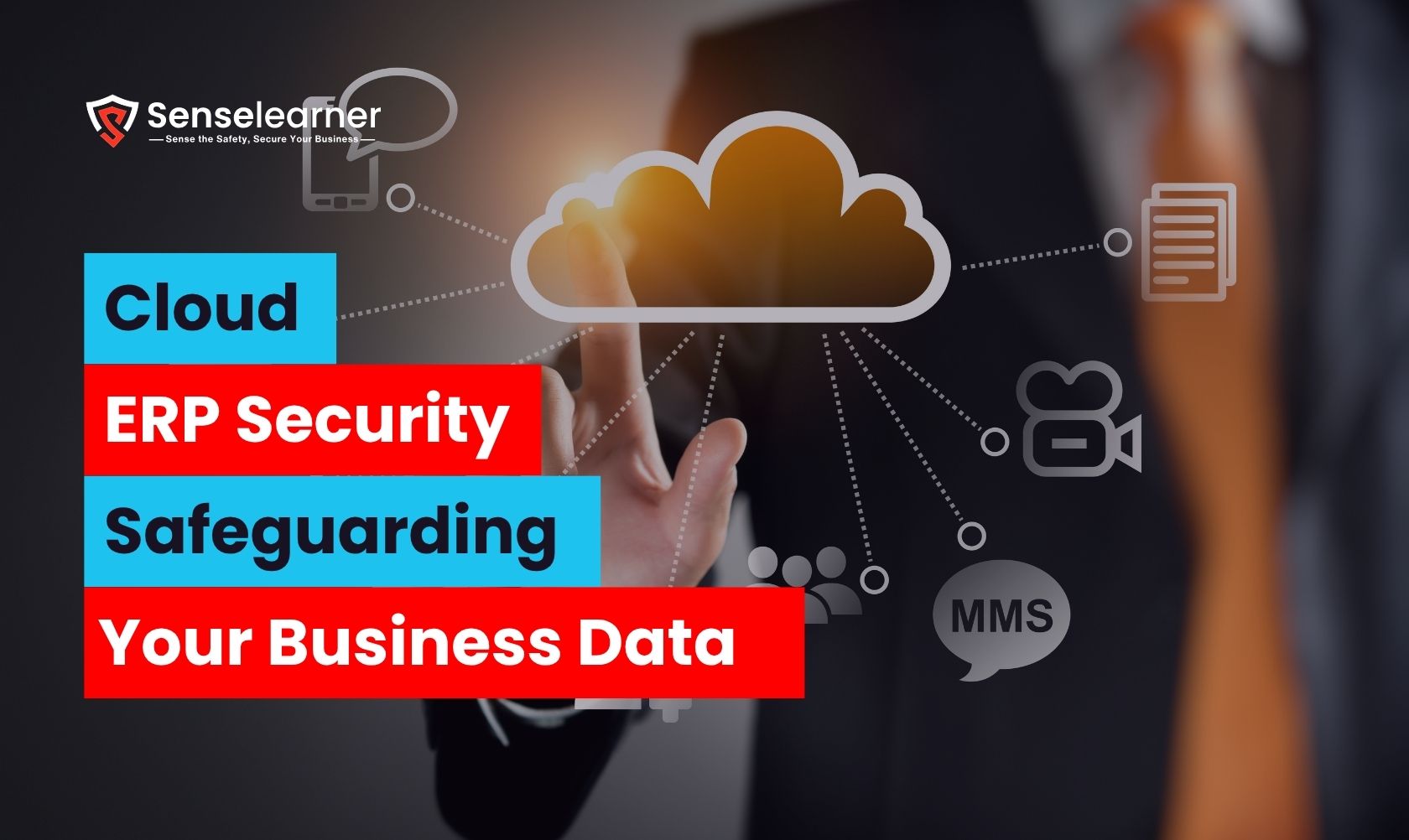 Cloud icons symbolizing ERP security and data protection are being engaged with by a business professional.