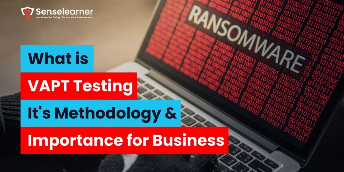 "What is VAPT Testing, It's Methodology & Importance for Business" is displayed on the laptop screen along with Senselearner logo and "RANSOMWARE" in red binary code.