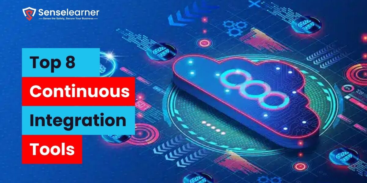 "Top 8 Continuous Integration Tools infographic with cloud and tech elements by Senselearner"