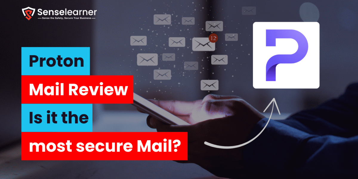 A user is seen holding their phone while a cloud of email icons hovers above it. On the right side is the Proton Mail logo, accompanied by the words "Proton Mail Review." Is this mail the safest?