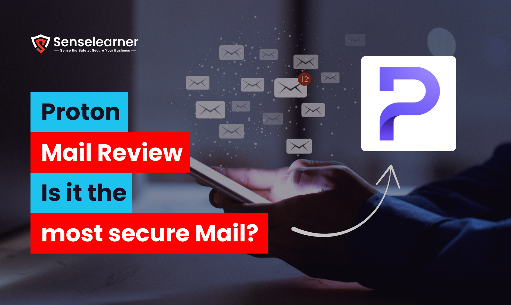 A user is seen holding their phone while a cloud of email icons hovers above it. On the right side is the Proton Mail logo, accompanied by the words "Proton Mail Review." Is this mail the safest?