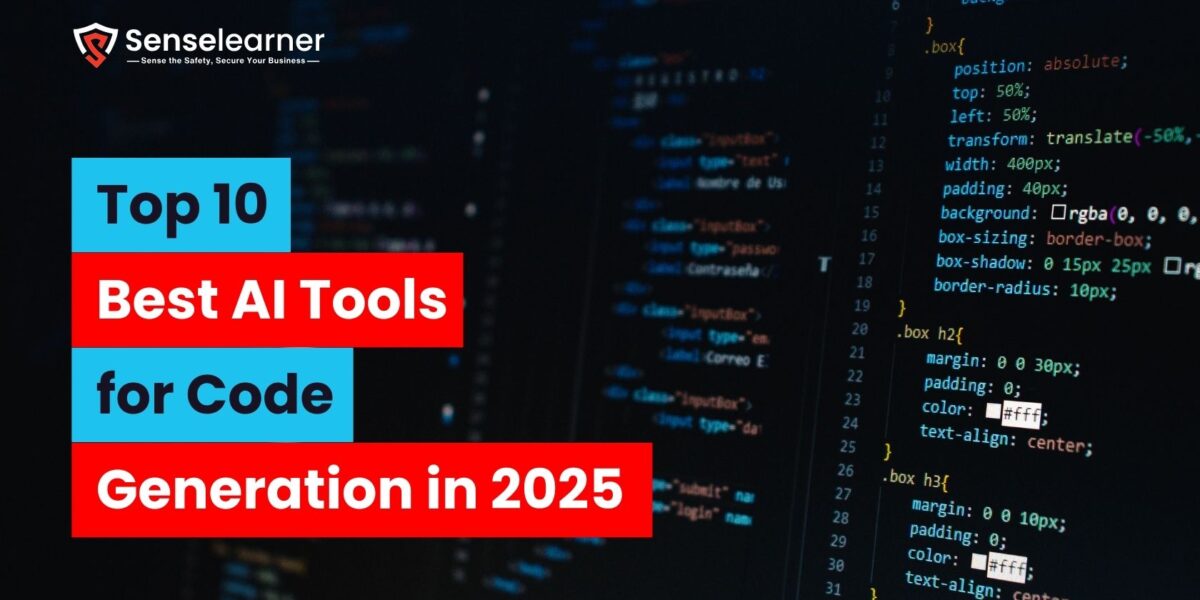 The "Top 10 Best AI Tools for Code Generation in 2025" banner for "Senselearner" features vivid red and blue text against a dark, out-of-focus background of programming code.