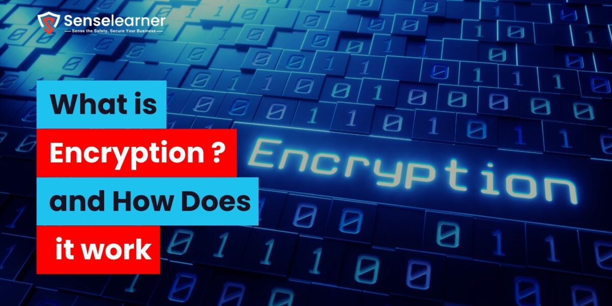 A computer picture of blazing binary code set against a dark, high-tech backdrop. Large, striking red and blue blocks with the words "What is Encryption?" and "and How Does it work" displayed in them.