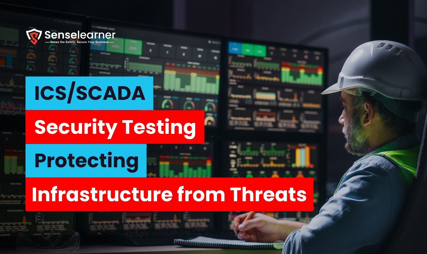 An engineer using text overlay to monitor several industrial control system panels in order to encourage ICS/SCADA security testing and infrastructure defense against threats.