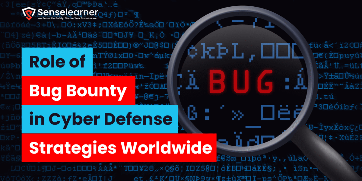On a background of blue computer code, the word "BUG" is highlighted in red by a magnifying glass. The title "Role of Bug Bounty in Cyber Defense Strategies Worldwide" is displayed in strong, colorful text blocks alongside the Senselearner logo.