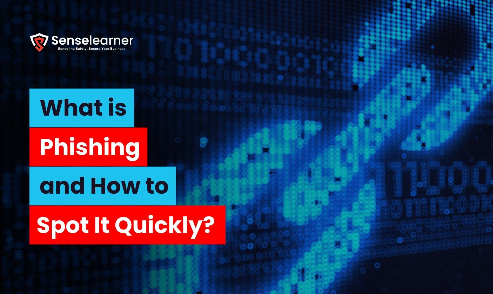 "Graphic with text reading 'What is Phishing and How to Spot It Quickly?' by Senselearner, overlaid on a digital background featuring binary code and a padlock icon."