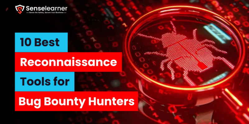 A magnifying glass displaying reconnaissance tools for cybersecurity bug bounty hunters, with a digital bug with binary code in the background.