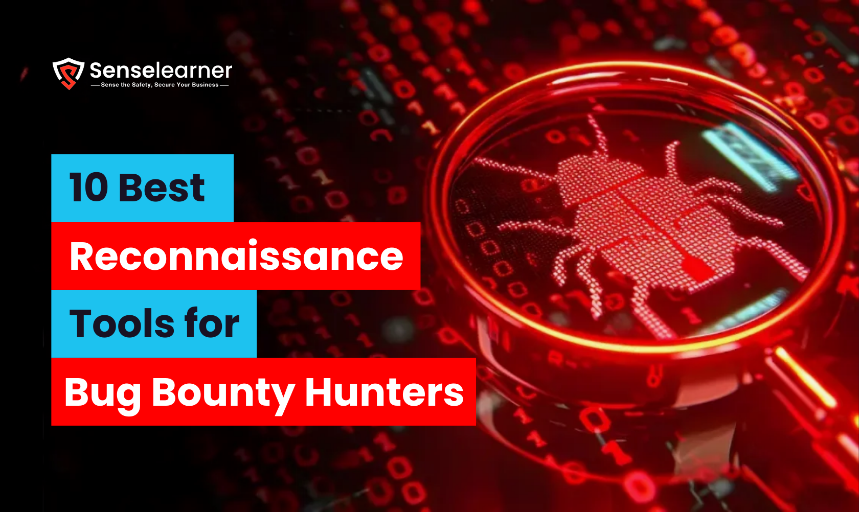 A magnifying glass displaying reconnaissance tools for cybersecurity bug bounty hunters, with a digital bug with binary code in the background.