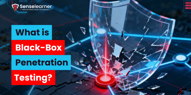 Over a cyber map, a red laser shatters a digital shield, signifying a security breach. The Senselearner logo and tagline are displayed with the words, "What is Black-Box Penetration Testing?"