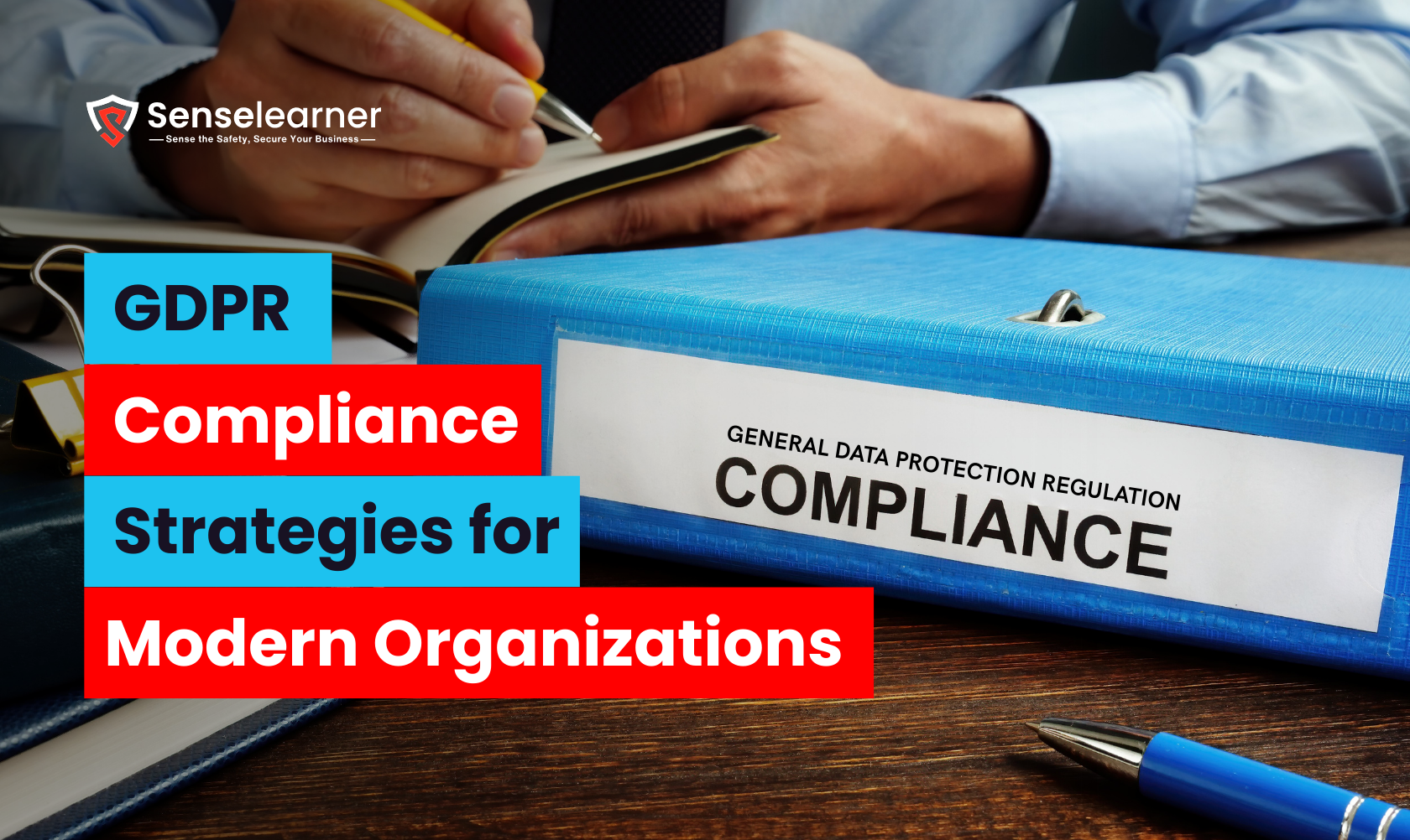 A GDPR compliance strategy for modern organizations illustrated with data protection files, documents, and business compliance plans.
